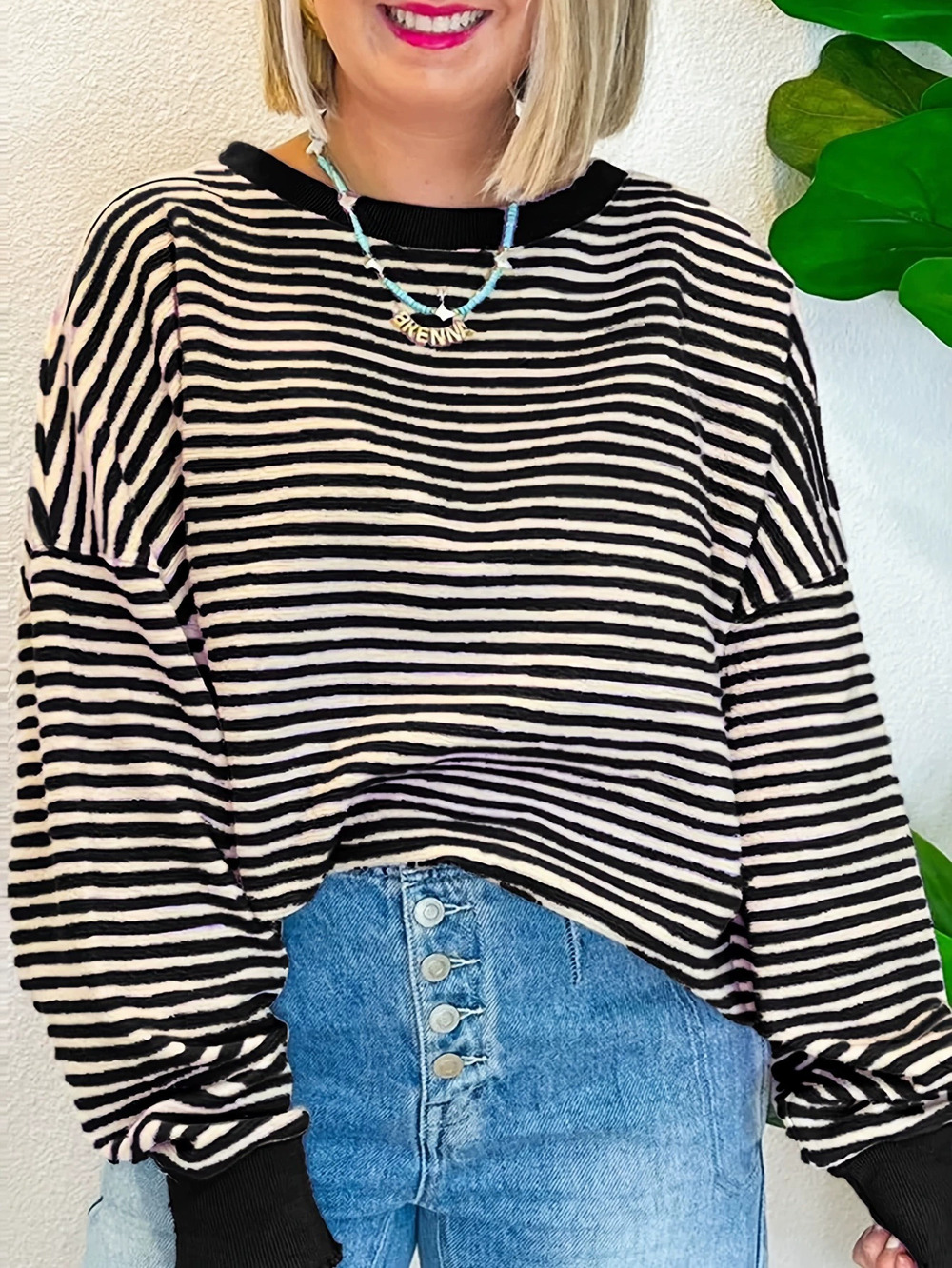ZARA Womens Fashion Striped Long Sleeve Loose Versatile Pullover Sweatshirt